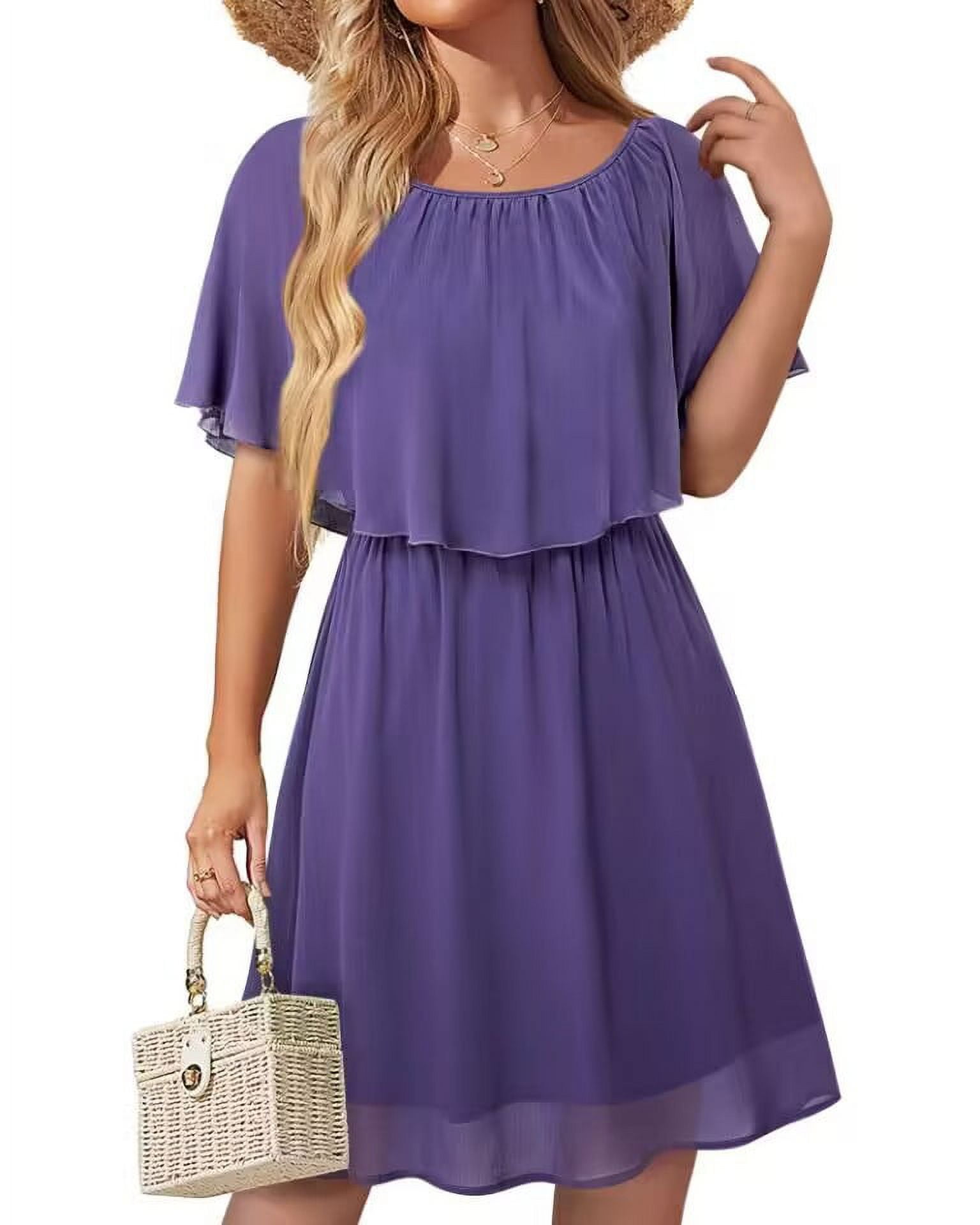 Women Chiffon Dress Capelet Sleeve Dresses Lightweight Flowy Knee Length Summer Dress Walmart