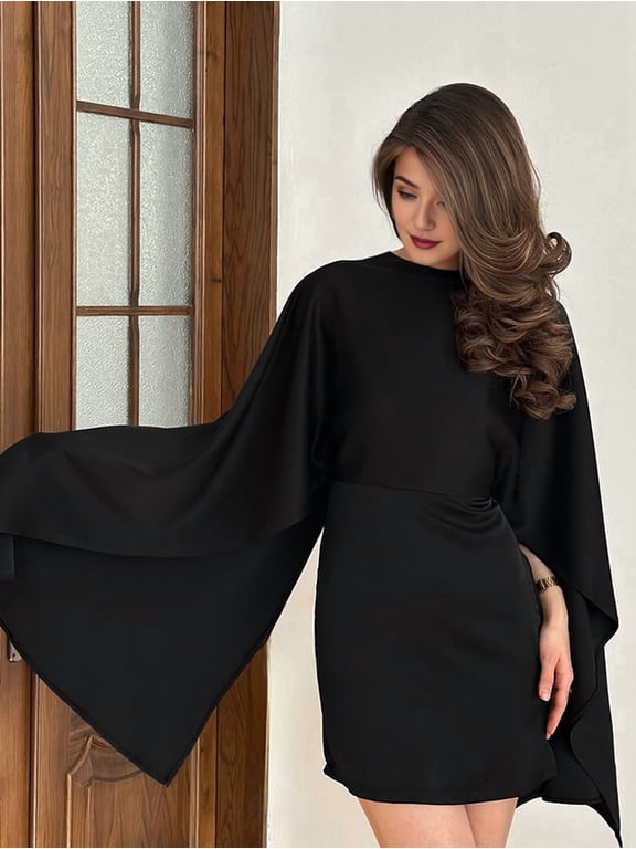 Women Chiffon Dresses Flutter Sleeve Party Wedding Cocktail Dress Black S
