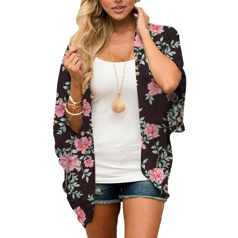 Women Chiffon Floral Print Kimono Loose Half Sleeve Shawl Cardigan Cover Up Tops Walmart