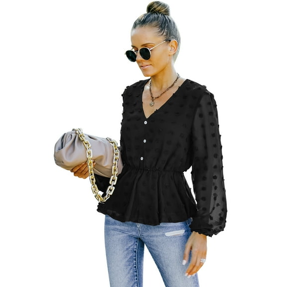 Women Chiffon Shirt Swiss Dots Long Sleeve V Neck Tunic Blouses Top Office Lady Casual Ruffle Hem Tops