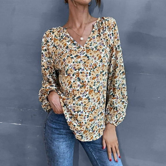 Women Chiffon Shirts Casual Floral Pullover Tops Yellow Long Sleeve V Neck Blouse Loose