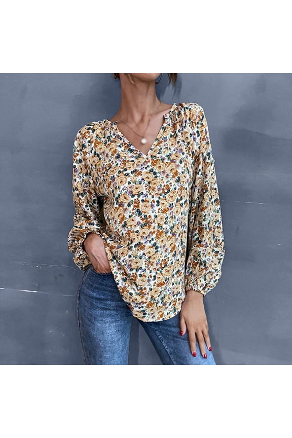Women Chiffon Shirts Casual Floral Pullover Tops Yellow Long Sleeve V Neck Blouse Loose