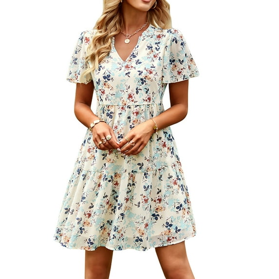 Women Chiffon Summer Dress V-Neck Short Sleeve Floral Dress Vintage Ruched Flowy A-Line Boho Casual Sundress