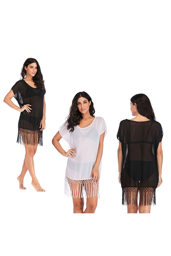 Women Chiffon Swimsuit Bathing Suit Bikini Stylish Beach Cover up with Long Tassel for Holiday Honeymoon