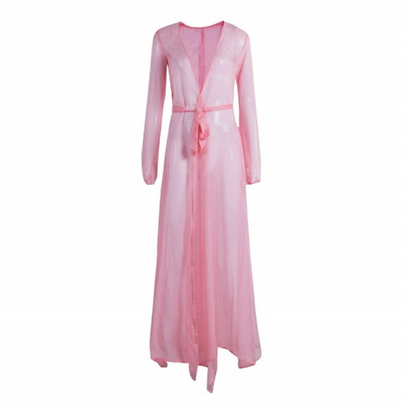 Women Chiffon Swimsuit Cover Ups Long Sleeve See-through Maxi Dress Open Front Beach Cardigan