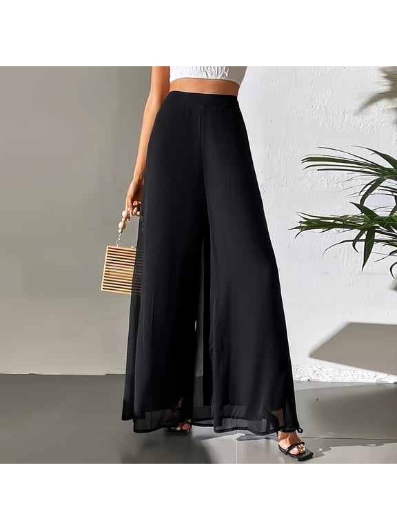 Women Chiffon Wide Leg Pants High Waist Flowy Sheer Palazzo Pants Lightweight Loose Casual Long Trousers Black XL