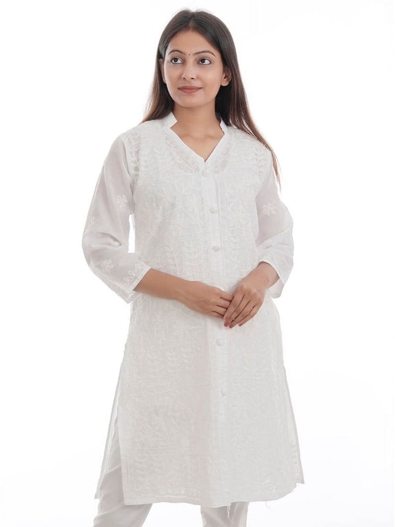 Women Chikan Embroidery Pure Cotton Straight Kurta (white)