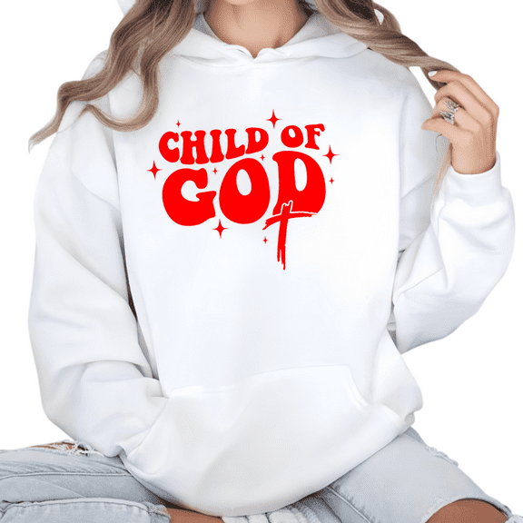 Women Child of God Black Bold Print Graphic Tee Loose Fit T Shirt Top Suitable Hooded long-sleeved White S-2XL