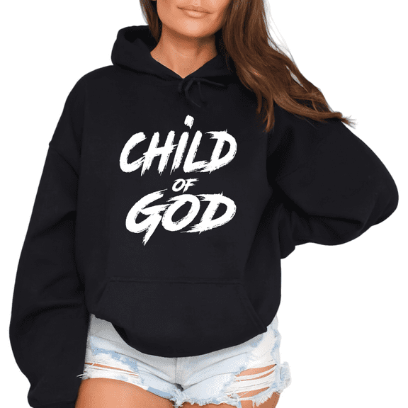 Women Child of God Soft Touch Graphic Tee Relaxed Fit T Shirt Top All Season Hooded long-sleeved Black S-2XL
