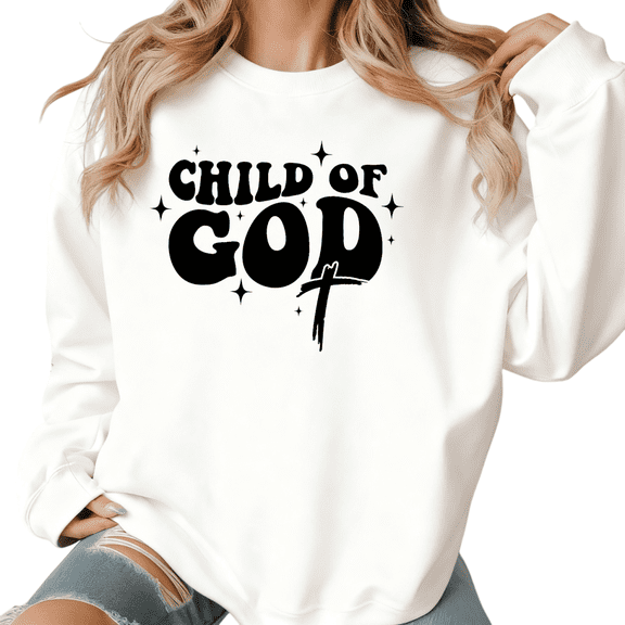 Women Child of God White Sparkle Graphic Tee Relaxed Fit T Shirt Top Durable Round-neck long-sleeved white S-3XL