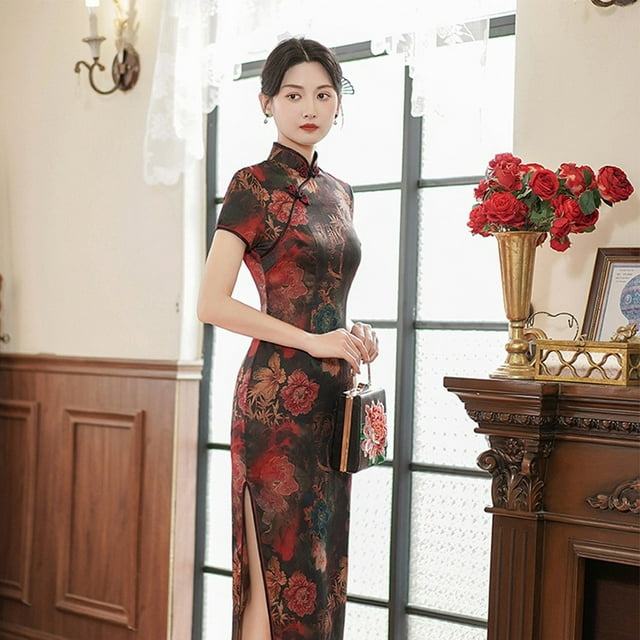 Women Chinese Cheongsam Faux Silk Stain Dress Oriental Ball Gown Long ...