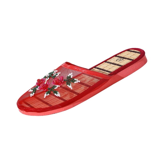 Women Chinese Embroidered Mesh Slippers Floral Closed Toe House Sandals, 40