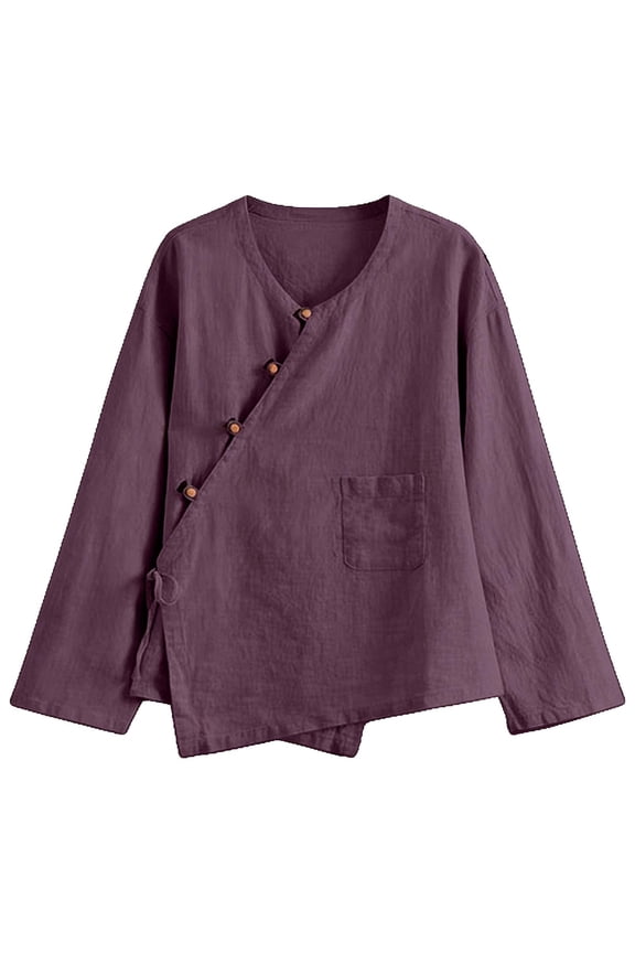 Women Chinese Hanfu Top Long Sleeve V Neck Cotton Knitting Loose Blouse Solid Color Tai Chi Shirt Tang Suit