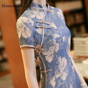 Women Chinese Style Dress Cheongsam Retro Elegant Blue Qipao Cheongsam