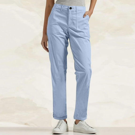Women Chino Pants Solid Color Dressy Casual Wide Leg Ankle Pants Elastic Waist Casual Work Trousers Light Blue S