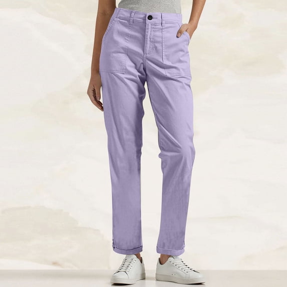 Women Chino Pants Solid Color Dressy Casual Wide Leg Ankle Pants Elastic Waist Casual Work Trousers Purple S