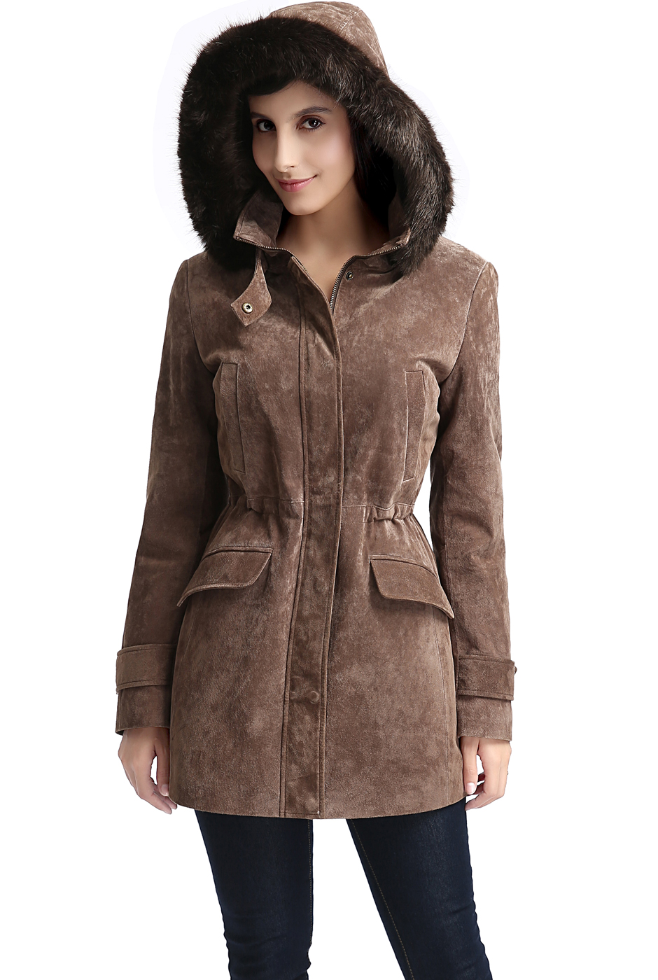 Women Chloe Suede Leather Hooded Parka Coat (Regular & Plus Size & Petite) - image 1 of 5