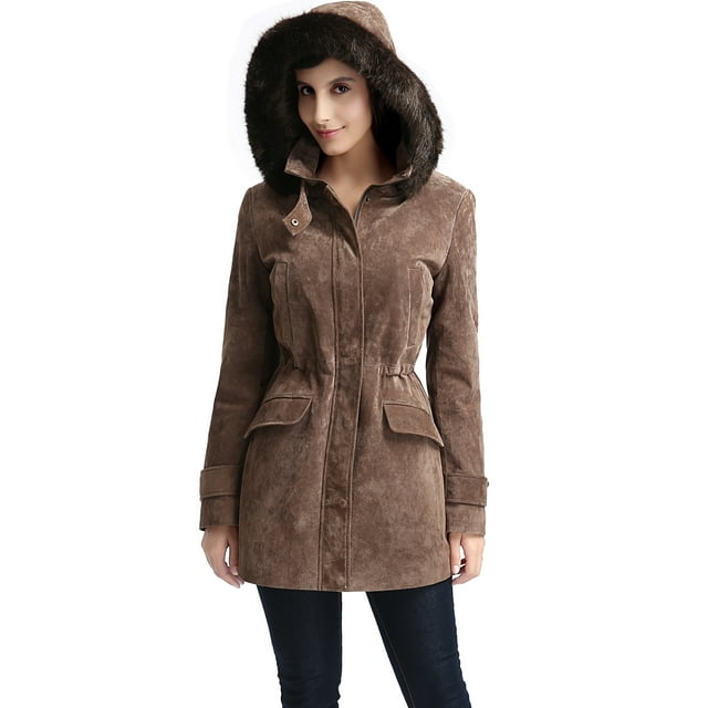 Women Chloe Suede Leather Hooded Parka Coat (Regular & Plus Size & Petite)
