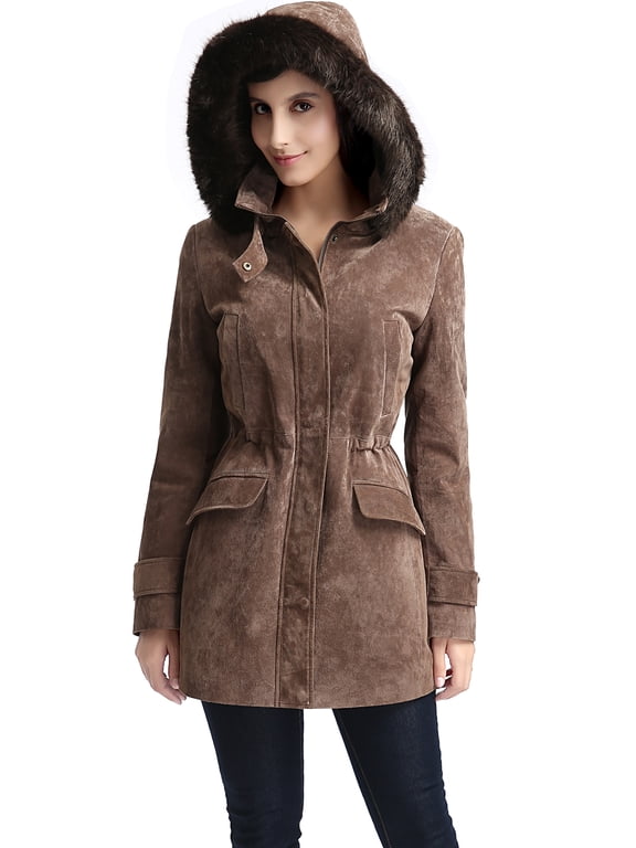 Women Chloe Suede Leather Hooded Parka Coat (Regular & Plus Size & Petite)
