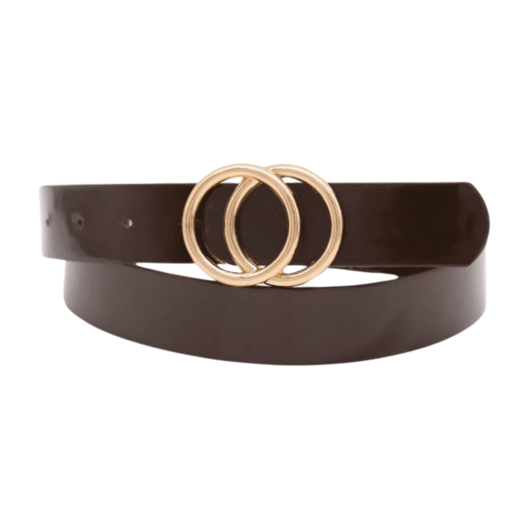 Women Chocolate Brown Faux Leather Skinny Belt Gold Metal  display picture 2