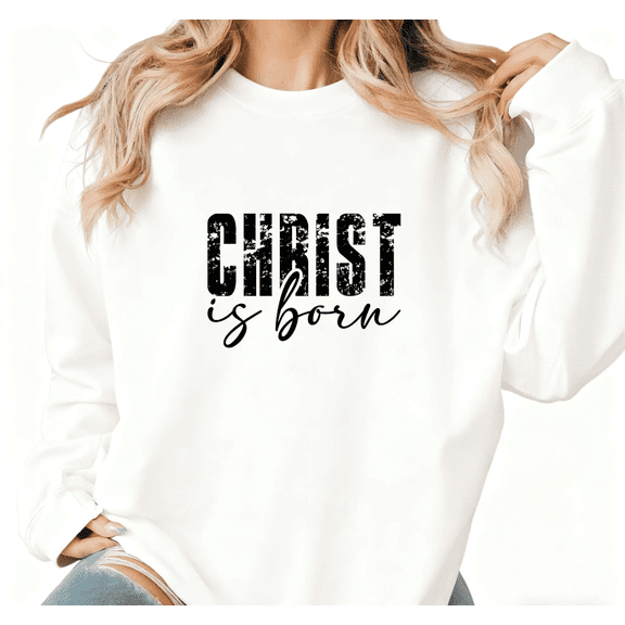 Women Christ Is Born Graphic Tee Christian Religious T Shirt Top Inspirational Stretchy Cozy Round-neck long-sleeved white S-3XL