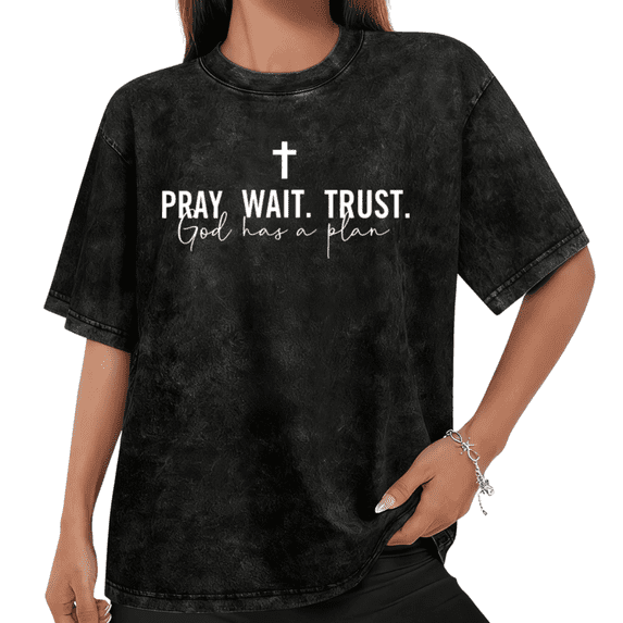Women Christian Faith Graphic Tees T Shirt Tops Round Neck Printed Washed Cotton T Shirt Black S-2XL Plus Size