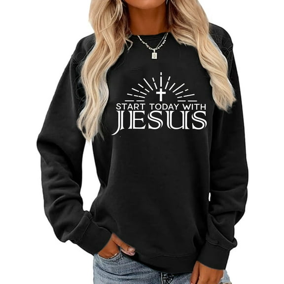 Women Christian Sweatshirt Jesus Cross Graphic Shirt Casual Loose Crew Neck Top