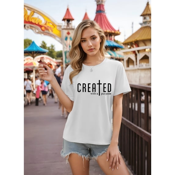 Women Christian T-Shirt Cross and Created with a Purpose Graphic Shirt Casual Loose Short Sleeve Crew Neck Top