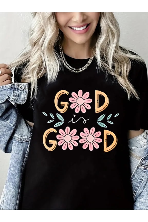 Women Christian T-Shirt God is Good Graphic Shirt Casual Loose Short Sleeve Crew Neck Top