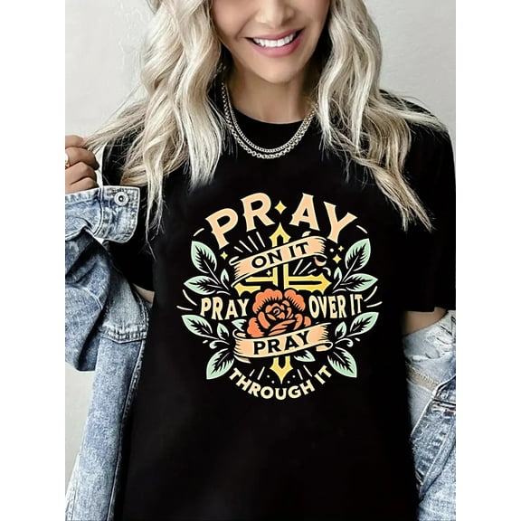 Women Christian T-Shirt Pray Graphic Shirt Christian Religious Loose Crew Neck Top