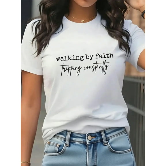 Women Christian T-Shirt Walking by Faith Graphic Shirt Casual Crew Neck Top