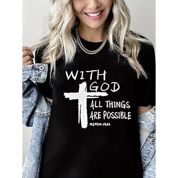 Women Christian T-Shirt With God All Things Are Possible Graphic Shirt Casual Crew Neck Top