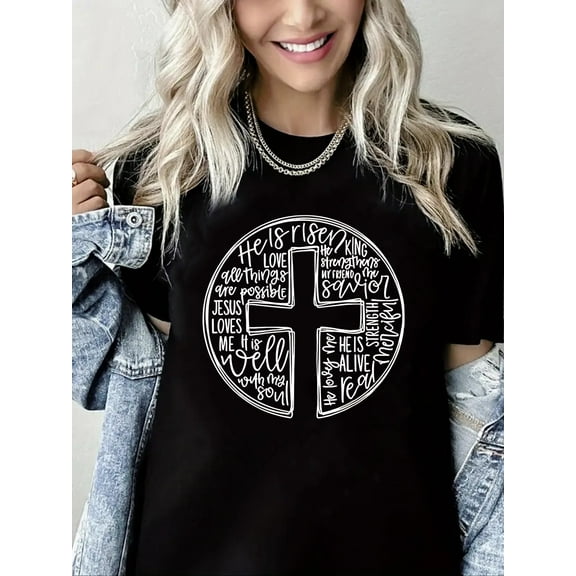 Women Christian T-Shirts Jesus Cross Graphic Shirt Casual Loose Crew Neck Top
