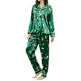 thumbnail image 1 of Women Christmas 2Pcs Pajamas Satin Gingerbread Man/Santa Print Long Sleeve Shirt and Loose Pants Sleepwear Pj Loungewear, 1 of 9