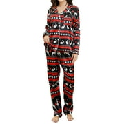 ELIPPEO Women Christmas 2Pcs Pajamas Satin Gingerbread Man/Santa Print Long Sleeve Shirt and Loose Pants Sleepwear Pj Loungewear