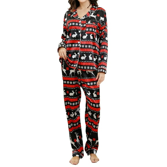 Women Christmas 2Pcs Pajamas Satin Gingerbread Man/Santa Print Long Sleeve Shirt and Loose Pants Sleepwear Pj Loungewear