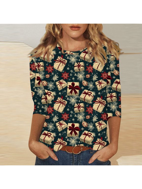 Women Christmas 3/4 Sleeve Printed Top Round Neck Holiday Pullover Shirt 2XL