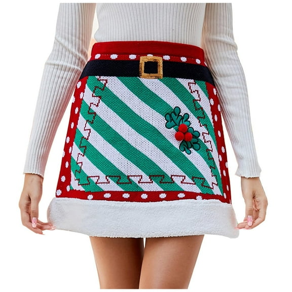 Women Christmas Belt Print Knitted Skirt High Waist Packaged Hip A Line Short Skirts Fall Party Patchwork Pencil Wrap Skorts