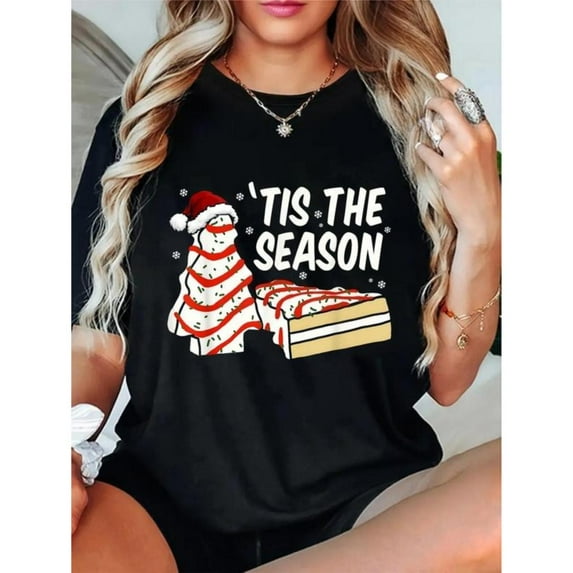 Women Christmas Cake Graphic Cotton T Shirt Casual Comfortable Short Sleeve Round Neck Top Black S-5XL