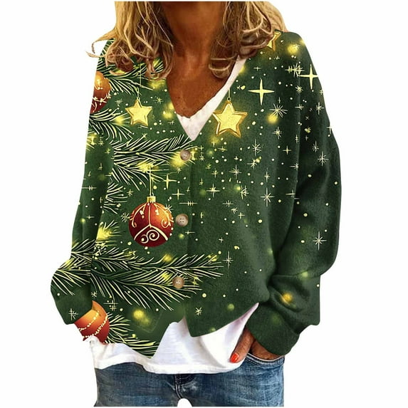 Women Christmas Cardigan,Funny Fall Winter Casual V Neck Soft Lightweight Knit Outerwear Button Down Cardigans Merry Christmas Holiday Party Blouse Tops