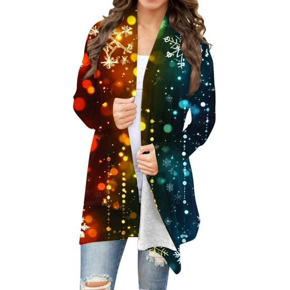 Women Christmas Cardigan Sweater Xmas Snowflake Graphic Long Sleeve Open Front Casual Lightweight Holiday Outwear