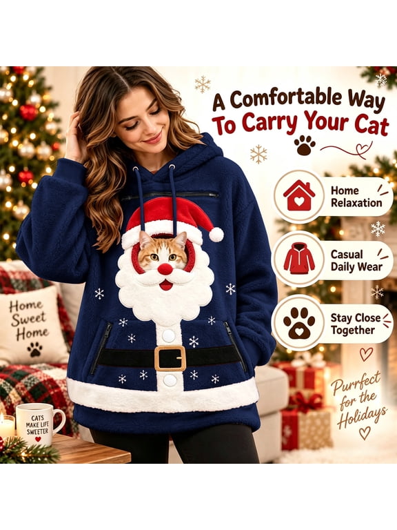 Women Christmas Cat Cuddle Pouch Hoodie Pouch Hoodie, Warm Soft Kangaroo Pocket for Purr Pup, Puppy Carrier Sweatshirts Big Size Zip Front