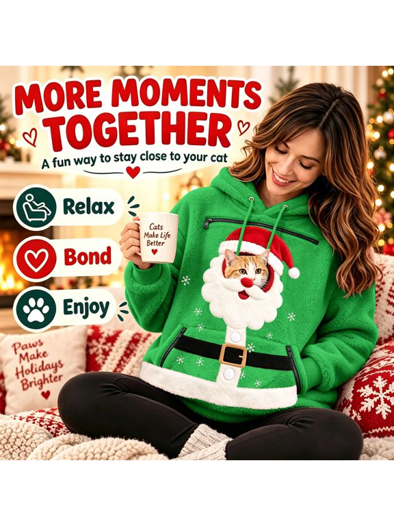 Women Christmas Cat Cuddle Pouch Hoodie Pouch Hoodie, Warm Soft Kangaroo Pocket for Purr Pup, Puppy Carrier Sweatshirts Big Size Zip Front