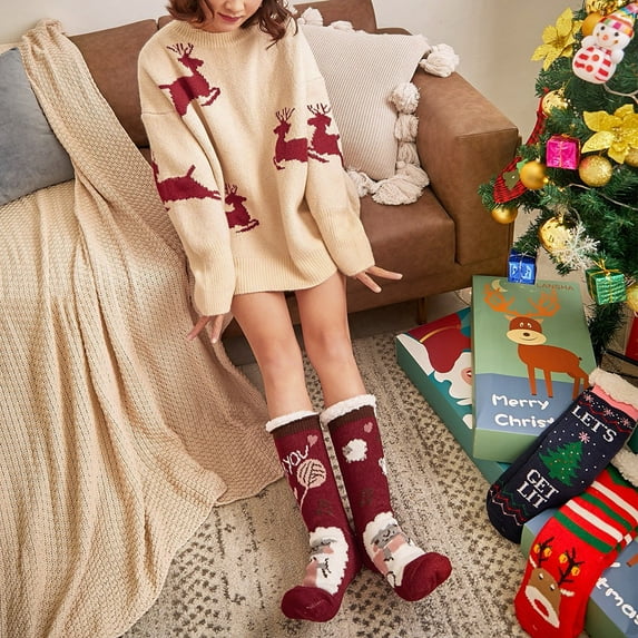 Women Christmas Clearance Clothing under 5$,Striped Fuzzy Socks Winter Warm Cozy Socks,Crew Socks,Adult Home Slipper Socks