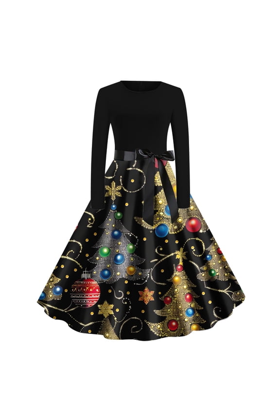 Women Christmas Cocktail Dresses Vintage Swing Dress Long Sleeve A Line Dresses Long Sleeve Warm Dresses Wedding Guest Church Party Prom Swing Dress with Belt