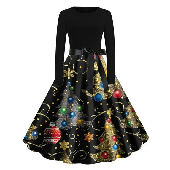 Women Christmas Cocktail Dresses Vintage Swing Dress Long Sleeve A Line Dresses Long Sleeve Warm Dresses Wedding Guest Church Party Prom Swing Dress with Belt