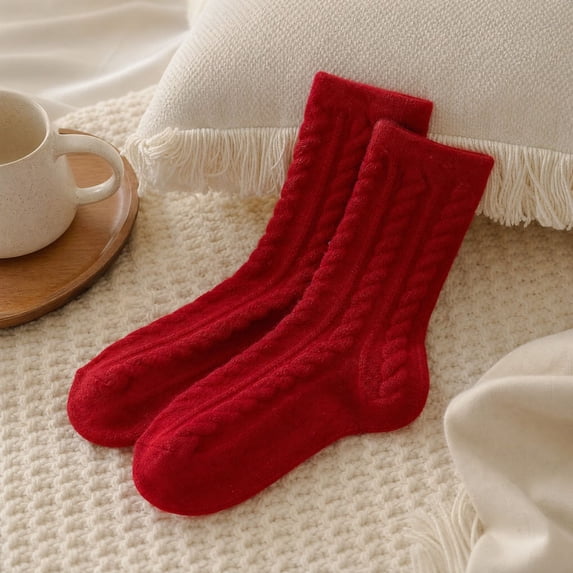 Women Christmas Crew Socks 6‑Pairs Set, Cable Knit Warm Winter Festive Socks with Storage Bag, Assorted Xmas Patterns