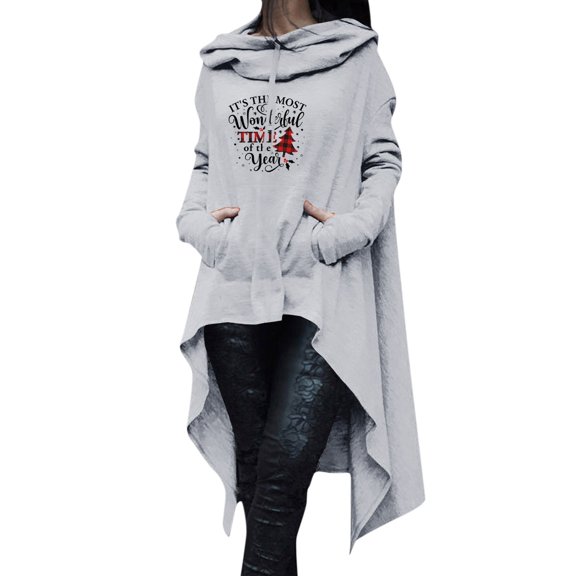 Women Christmas Custom Letter Print Pullover Hoodie Long Sleeve Irregular Hooded Top With Pocket Cloak Sweatshirt Cozy Casual Winter Wear