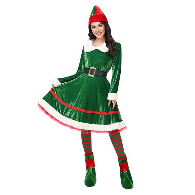 Women Christmas Elf Costume Outfit, Green Velvet Long Sleeve Tunic Dress with Belt 2piece Set