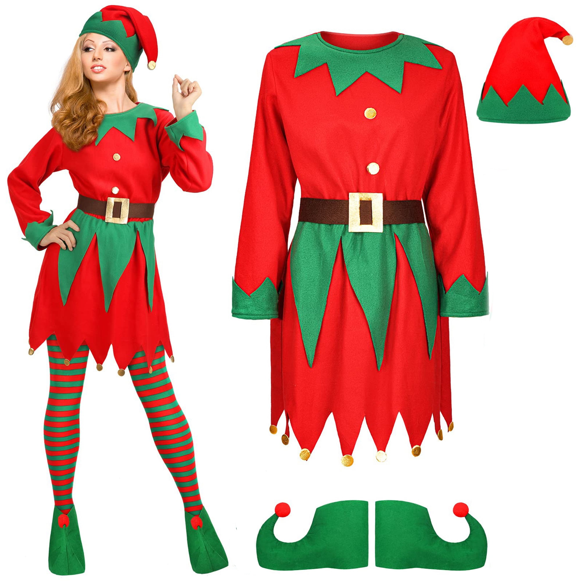 Women Christmas Elf Girl Costume Set Santa's Helper Costume Xmas